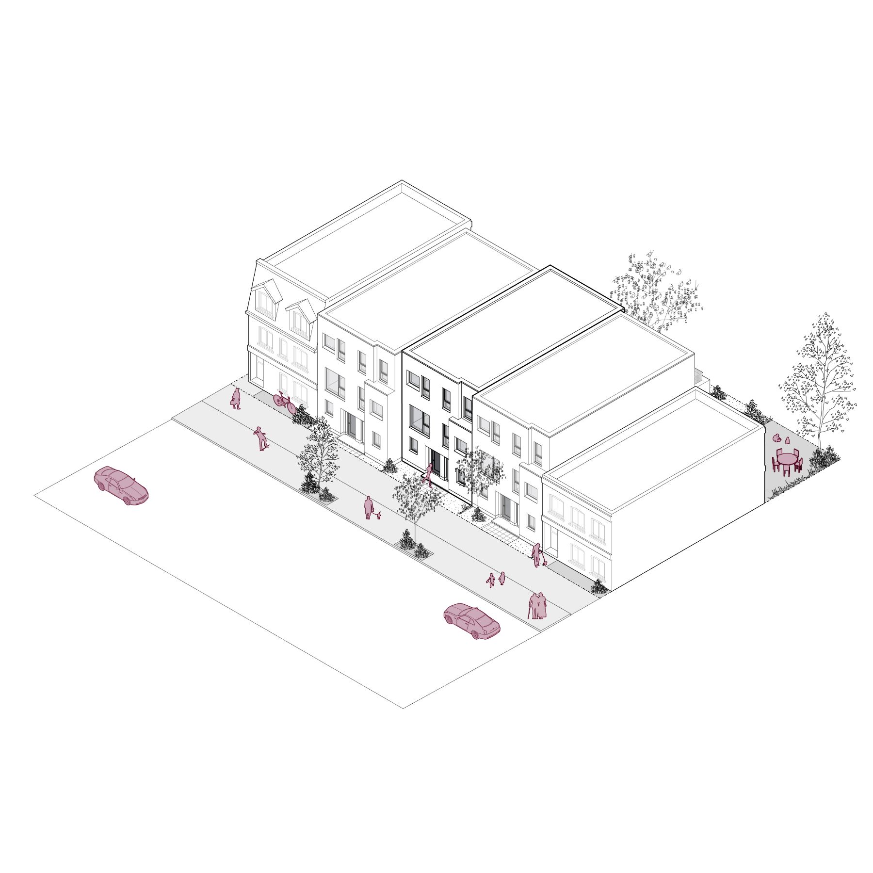 A 3D line rendering of a three-storey duplex, covering approximately 126.7 sq. m (1,364 sq. ft.). The image depicts the building within an  residential setting. 